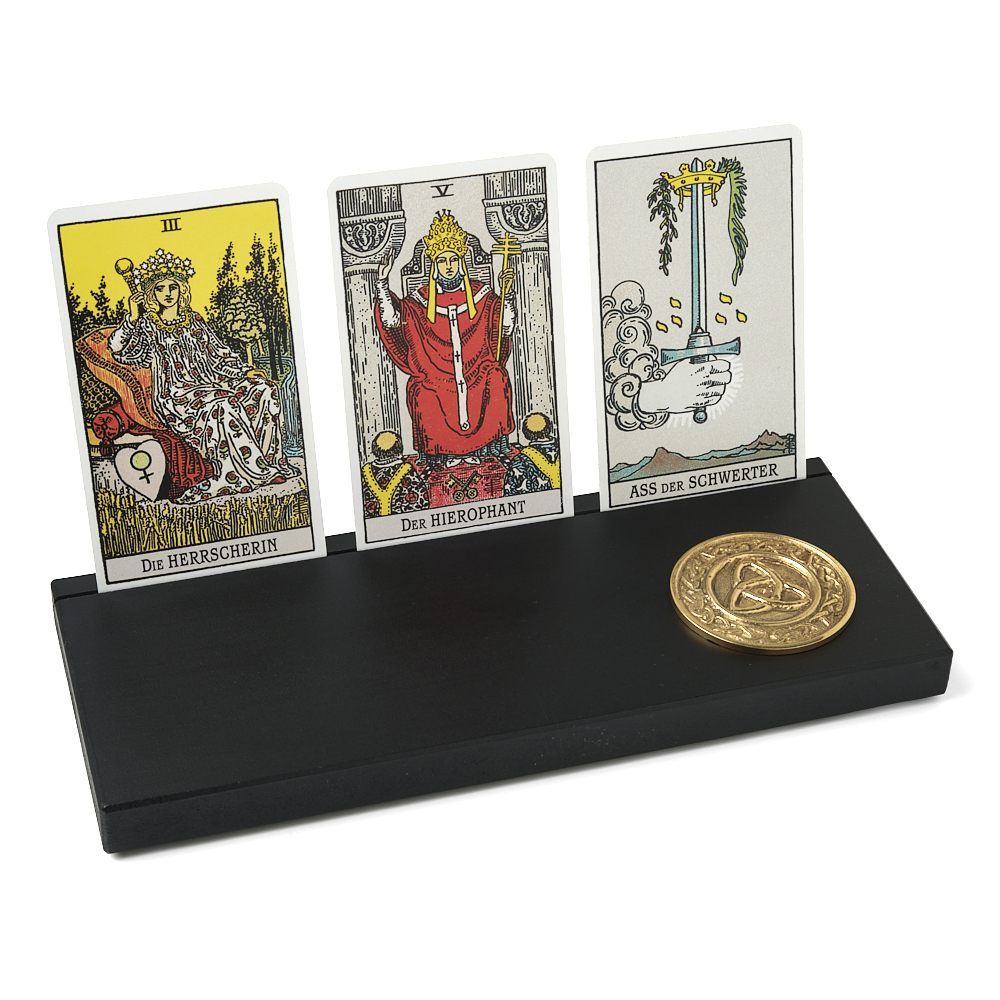 Kartenhalter, schwarz (L)  für Tarotkarten, Orakelkarten, Fotos und Postkarten mit Symbolmünze Dreifachknoten