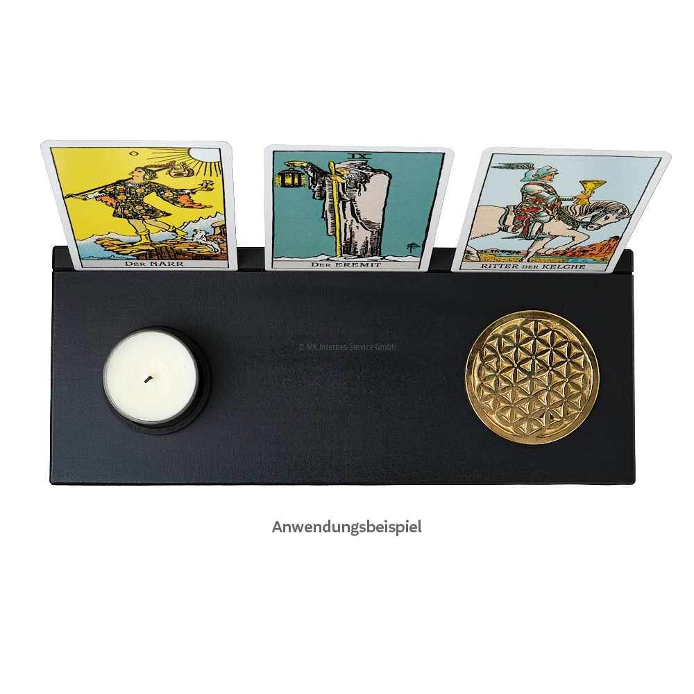 Kartenhalter, schwarz (L) mit Symbolmünze Blume des Lebens und Teelichthalter  für Tarotkarten, Orakelkarten, Fotos und Postkarten