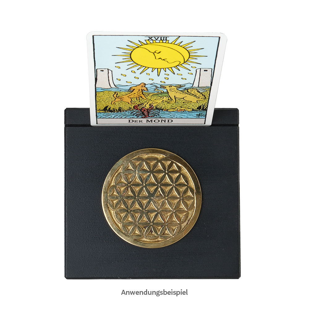 Kartenhalter, schwarz (S)  für Tarotkarten, Orakelkarten, Fotos und Postkarten mit Symbolmünze Blume des Lebens