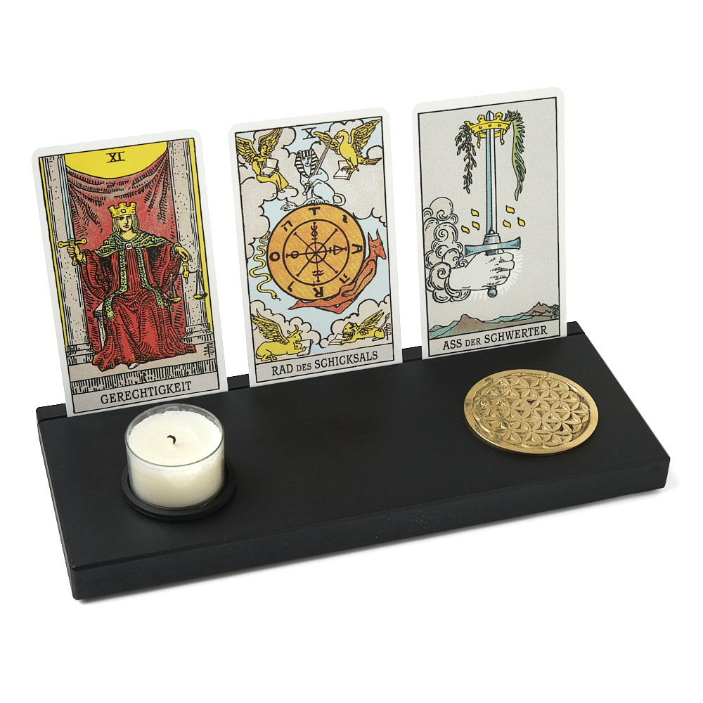 Kartenhalter, schwarz (L) mit Symbolmünze Blume des Lebens und Teelichthalter  für Tarotkarten, Orakelkarten, Fotos und Postkarten