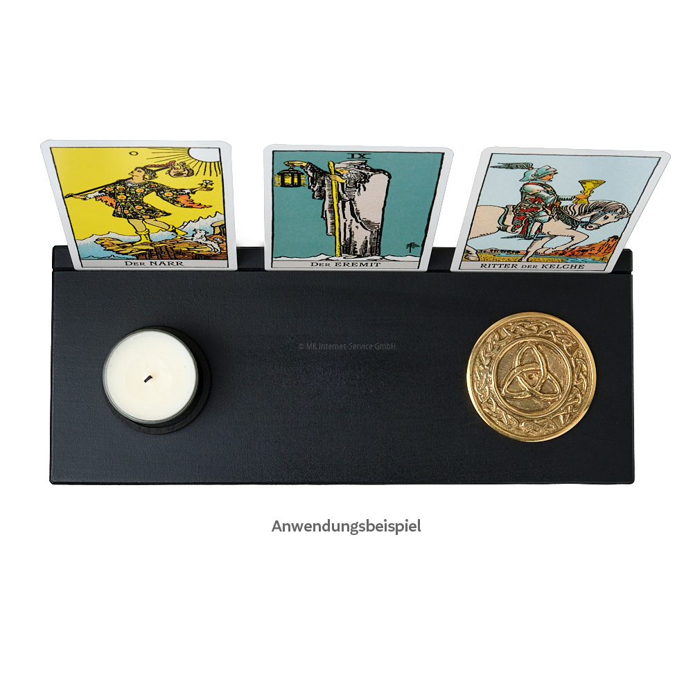 Kartenhalter, schwarz (L) mit Symbolmünze Dreifachknoten und Teelichthalter  für Tarotkarten, Orakelkarten, Fotos und Postkarten