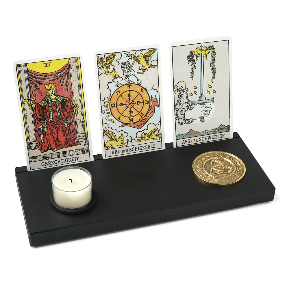 Kartenhalter, schwarz (L) mit Symbolmünze Dreifachknoten und Teelichthalter  für Tarotkarten, Orakelkarten, Fotos und Postkarten