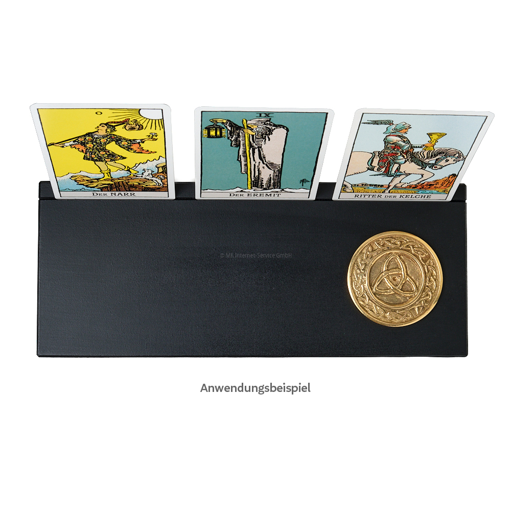 Kartenhalter, schwarz (L)  für Tarotkarten, Orakelkarten, Fotos und Postkarten mit Symbolmünze Dreifachknoten