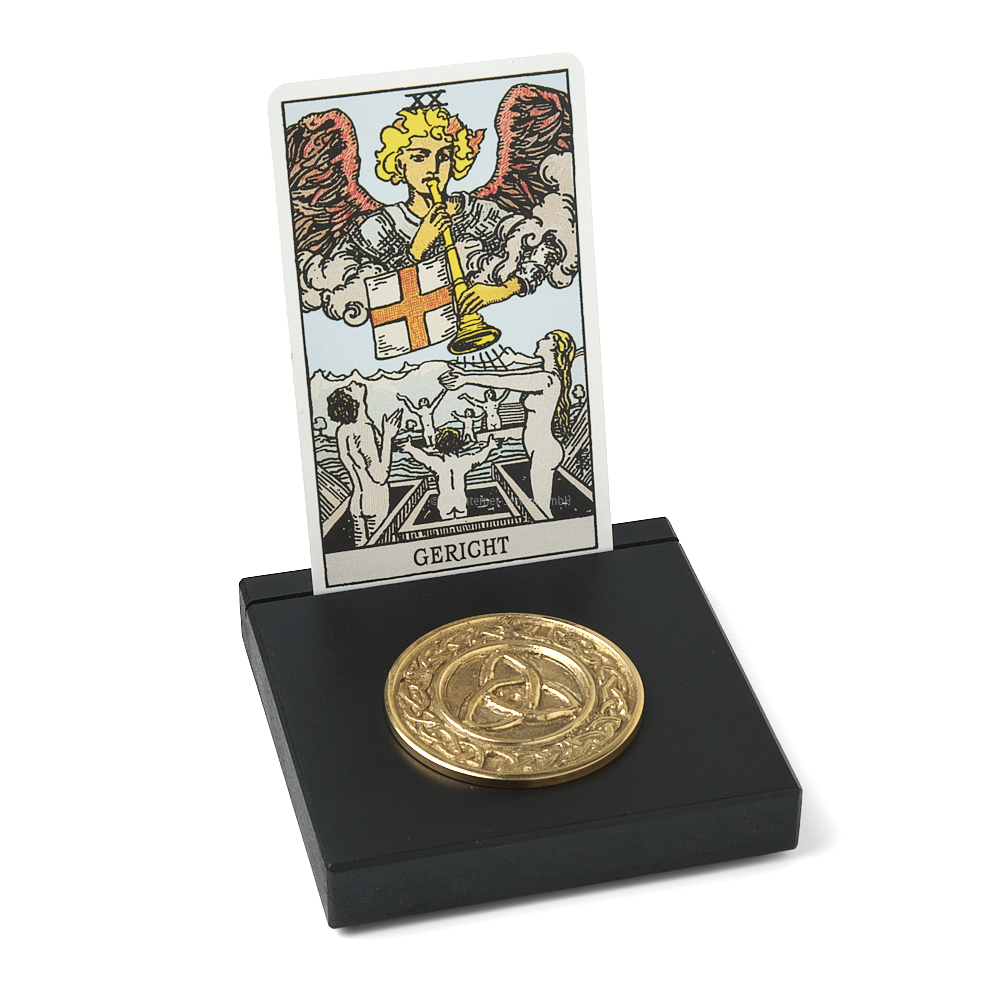 Kartenhalter, schwarz (S)  für Tarotkarten, Orakelkarten, Fotos und Postkarten mit Symbolmünze Dreifachknoten