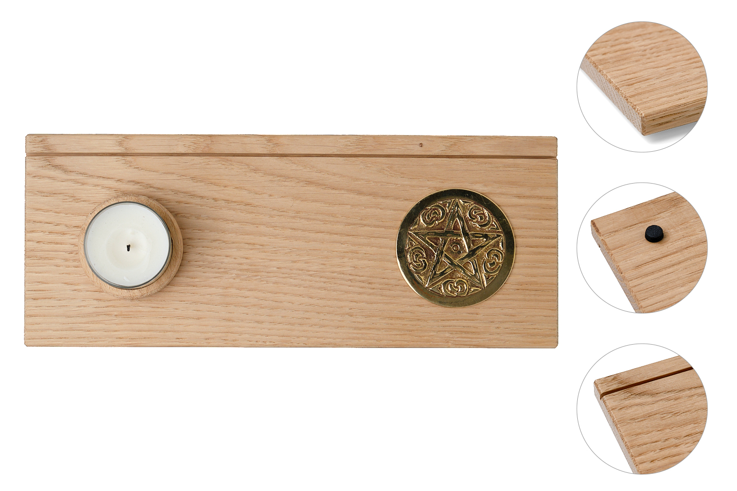 Kartenhalter aus Eiche mit Symbolmünze und Teelichthalter (L)