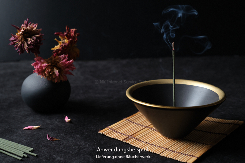 Räucherschale aus Keramik, schwarz/gold mit Messinghalter