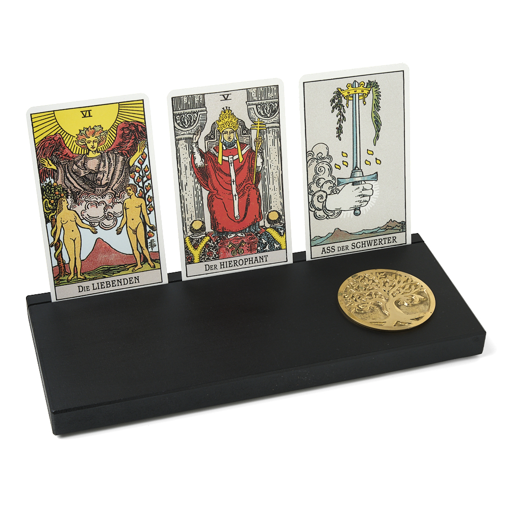 Kartenhalter, schwarz (L)  für Tarotkarten, Orakelkarten, Fotos und Postkarten mit Symbolmünze Baum des Lebens