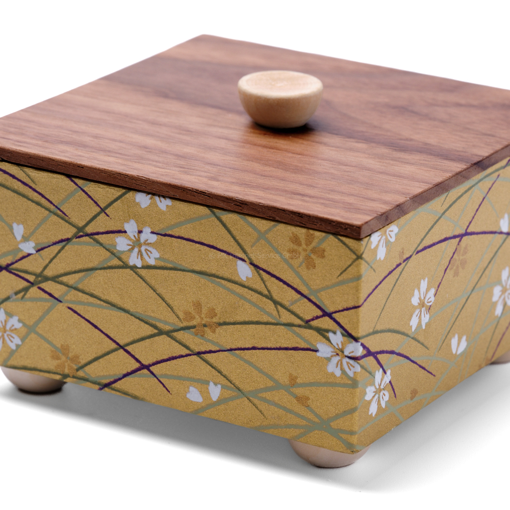 Chiyogami Box "Kirschblüten auf Gold" mit Holzdeckel - Aufbewahrungsbox, Geschenkbox