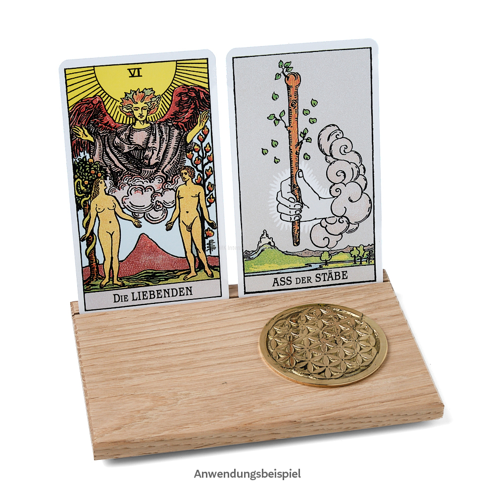 Tarotkartenhalter aus Eiche mit Symbolmünze Blume des Lebens