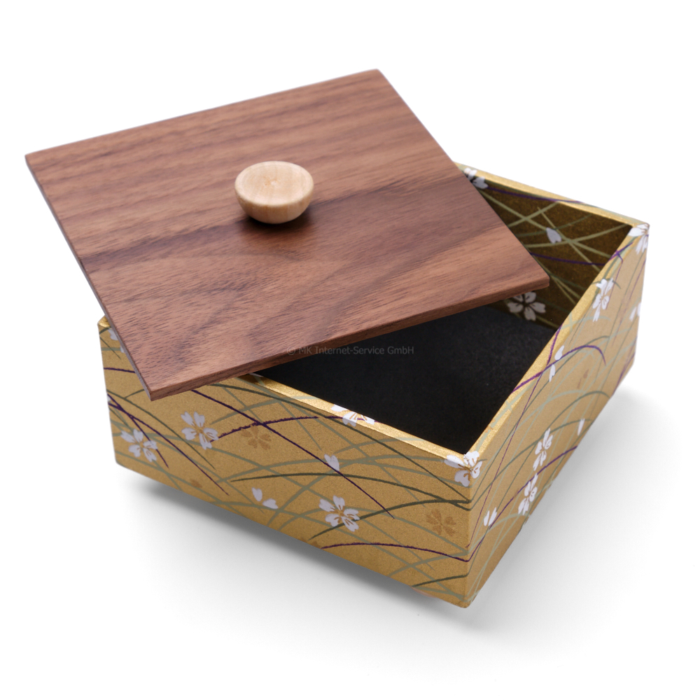 Chiyogami Box "Kirschblüten auf Gold" mit Holzdeckel - Aufbewahrungsbox, Geschenkbox