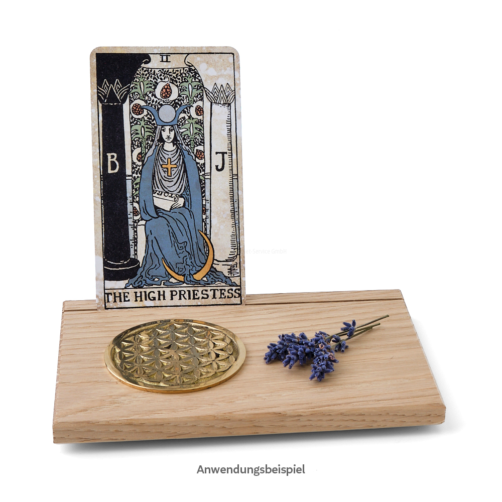 Tarotkartenhalter aus Eiche mit Symbolmünze Blume des Lebens