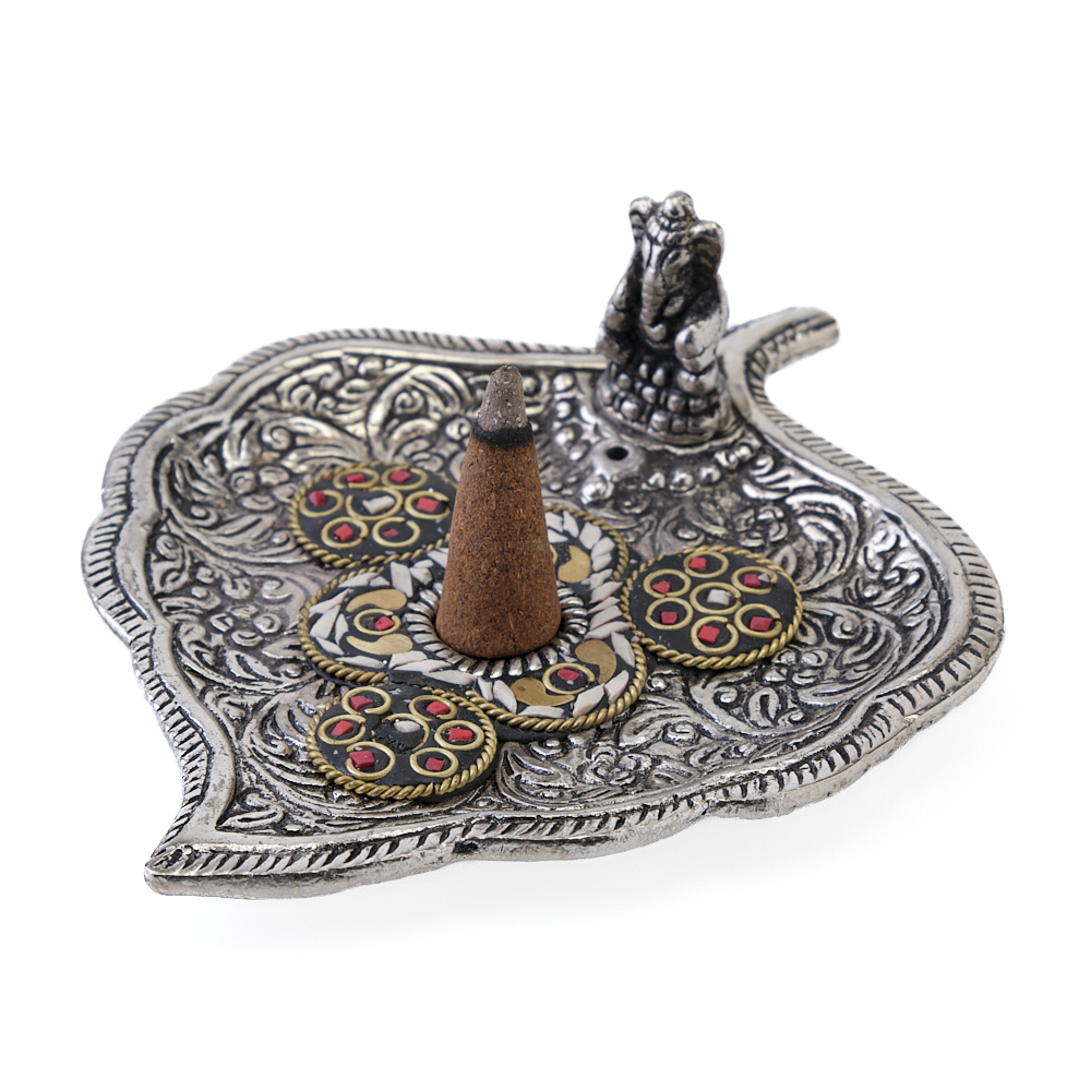 Räucherkegel-/Räucherstäbchenhalter GANESHA aus Weißmetall