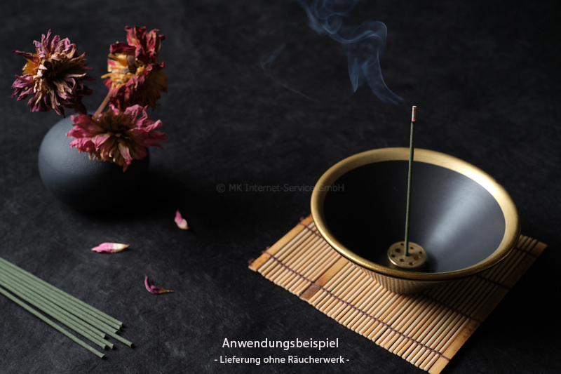 Räucherschale aus Keramik, schwarz/gold mit Messinghalter