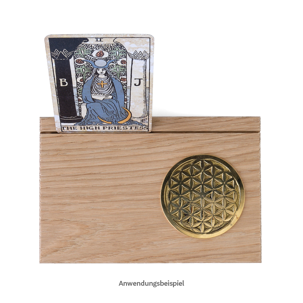 Tarotkartenhalter aus Eiche mit Symbolmünze Blume des Lebens