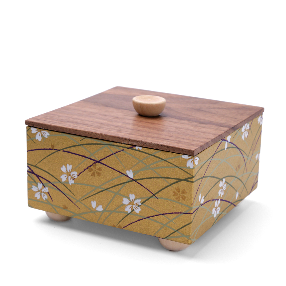 Chiyogami Box "Kirschblüten auf Gold" mit Holzdeckel - Aufbewahrungsbox, Geschenkbox