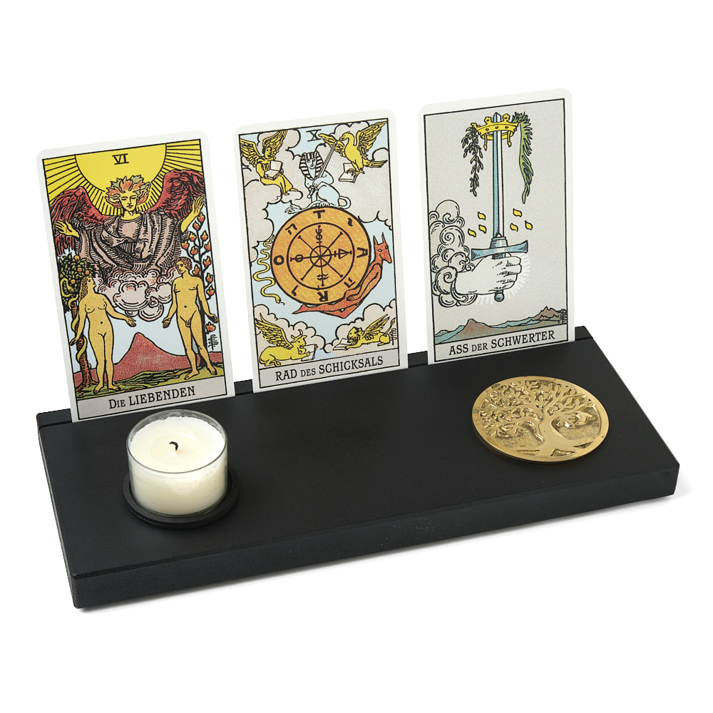 Kartenhalter, schwarz (L) mit Symbolmünze Baum des Lebens und Teelichthalter  für Tarotkarten, Orakelkarten, Fotos und Postkarten
