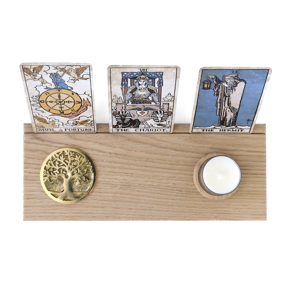 Tarotkartenhalter aus Eiche mit Symbolmünze Baum des Lebens und Teelichthalter (L)