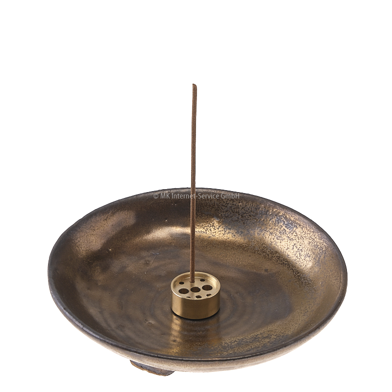 Dreifuß-Schale Nami (Welle) im japanischen Stil, gold-metallic mit Messinghalter
