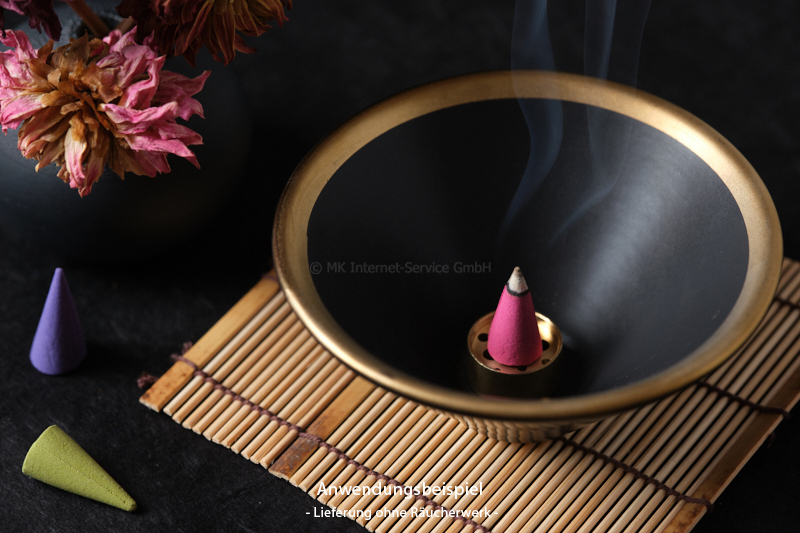Räucherschale aus Keramik, schwarz/gold mit Messinghalter