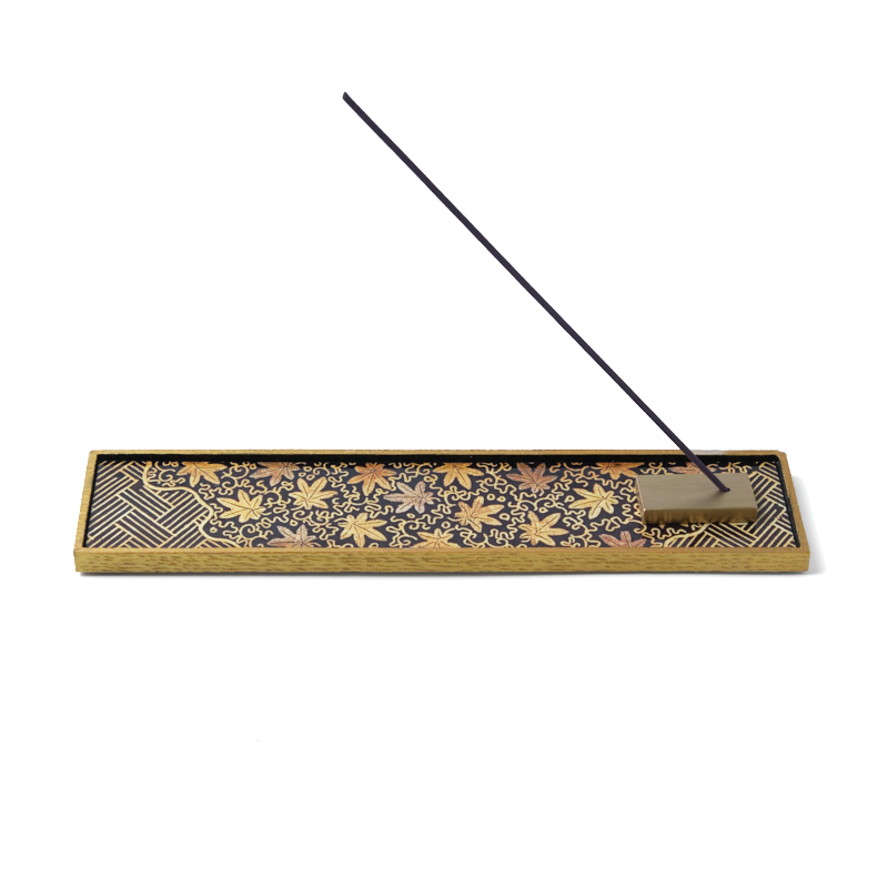 Räucherstäbchenhalter "Eiche schwarz/gold" mit Ahornmuster und Messinghalter