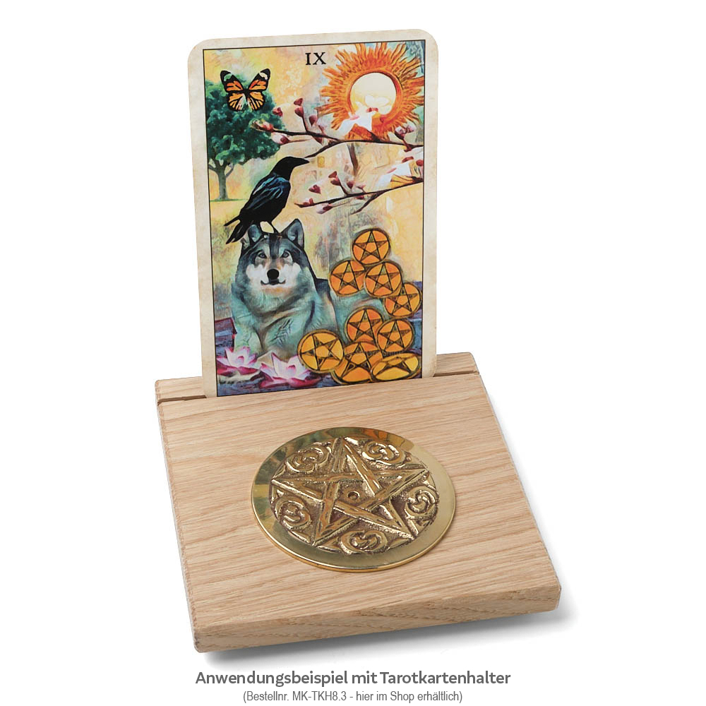 Tarotkartenhalter aus Eiche mit Symbolmünze mit Raben Tarot