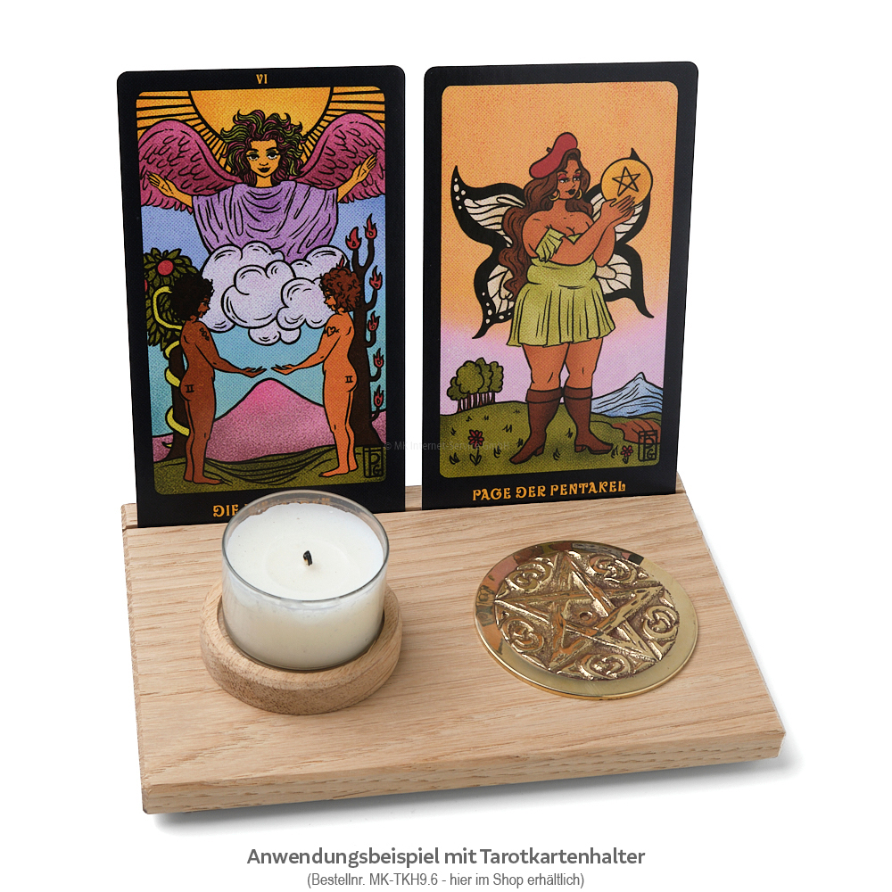 Tarotkartenhalter aus Eiche mit Symbolmünze und Teelicht